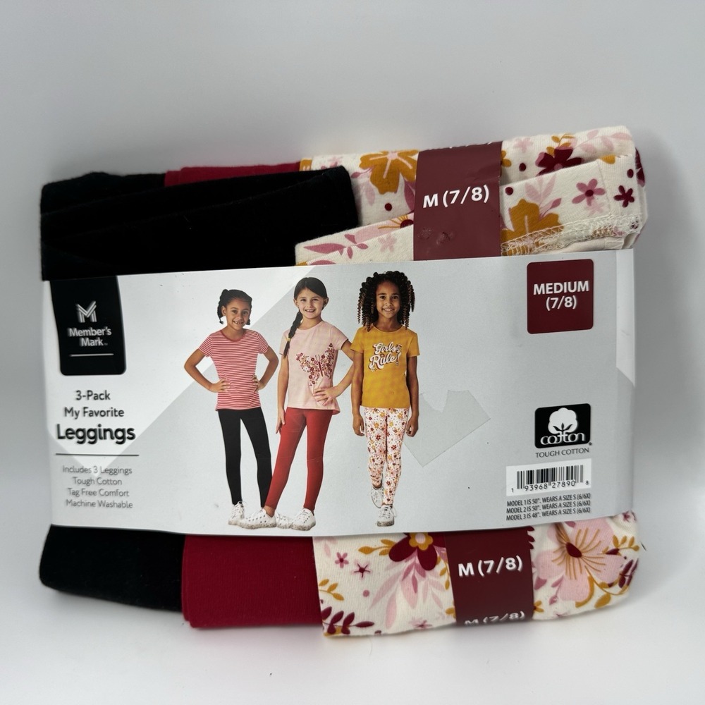 MEMBER'S MARK 3-PACK GIRL'S FAVORITE TAGLESS LEGGINGS M (7/8) Floral Black Red